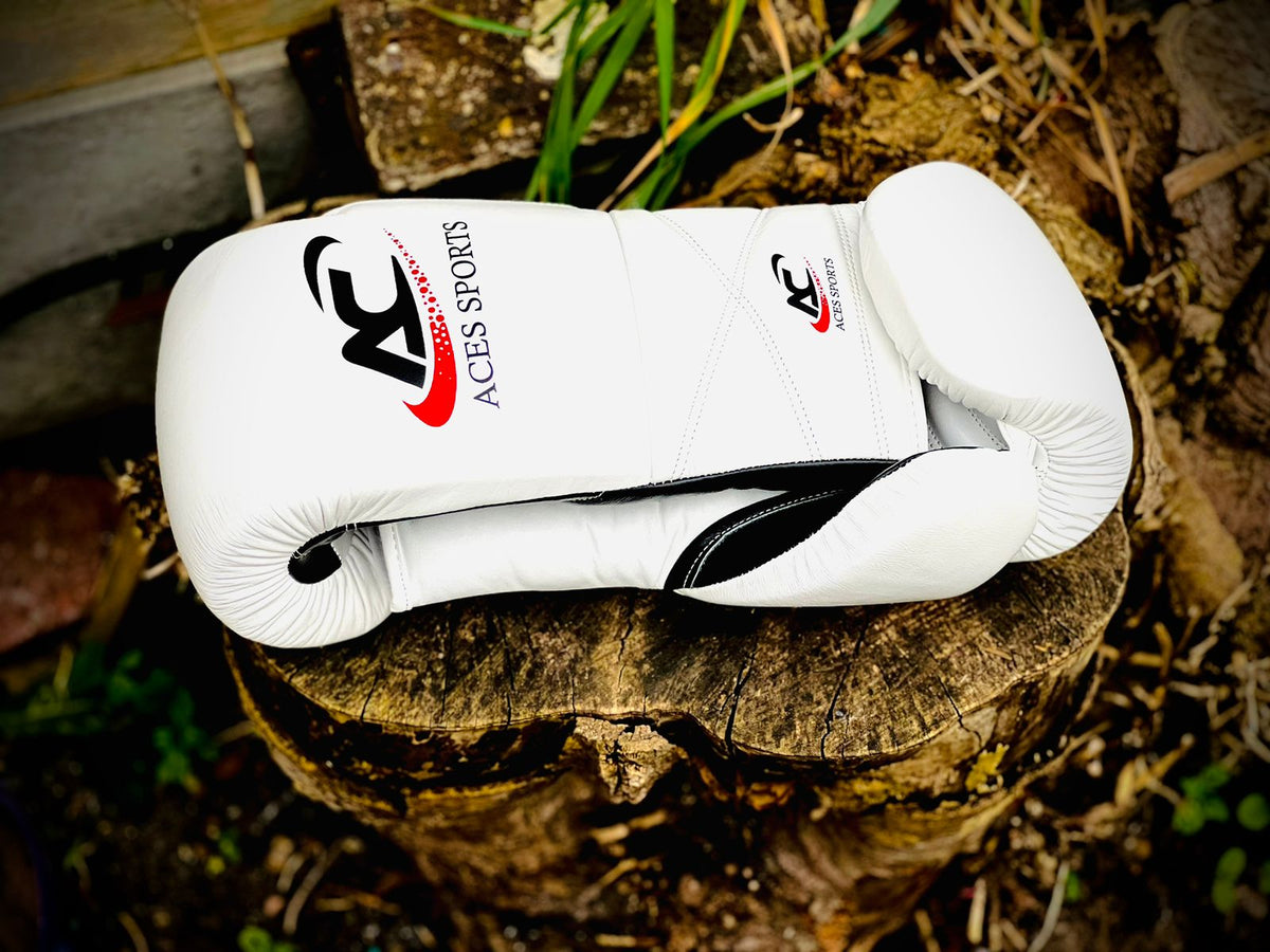 ACES Professional Cowhide Leather Boxing Gloves with laces in White & Black