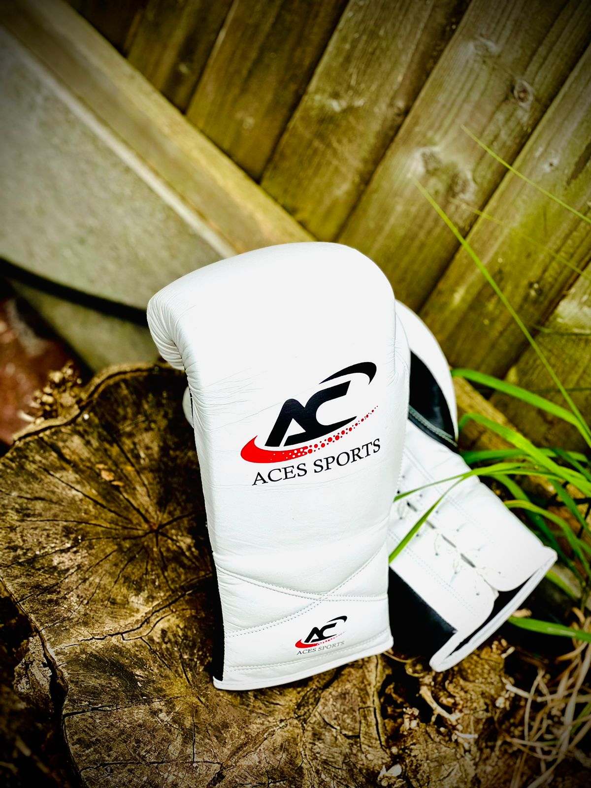 ACES Professional Cowhide Leather Boxing Gloves with laces in White & Black
