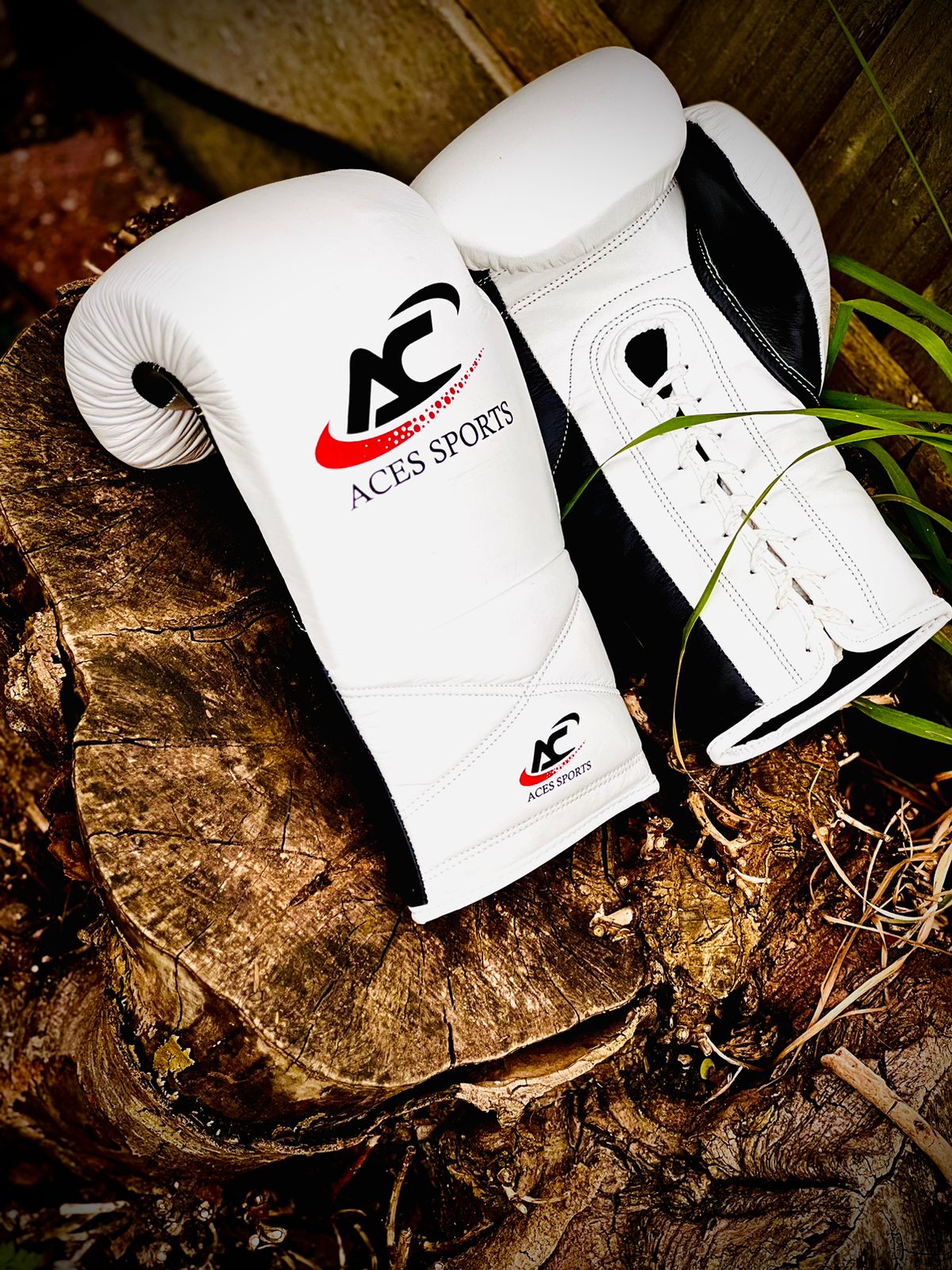 ACES Professional Cowhide Leather Boxing Gloves with laces in White & Black