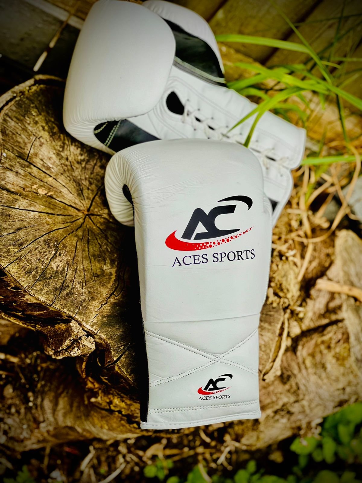 ACES Professional Cowhide Leather Boxing Gloves with laces in White & Black