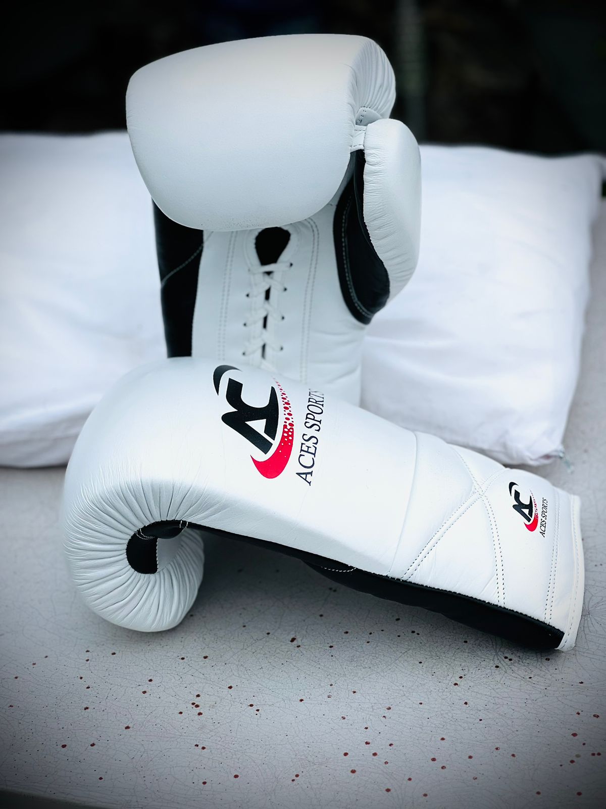 ACES Professional Cowhide Leather Boxing Gloves with laces in White & Black